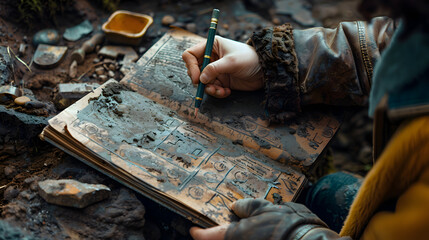 Illustrate an archaeologist documenting artifacts in a field journal, capturing the details and context of each find