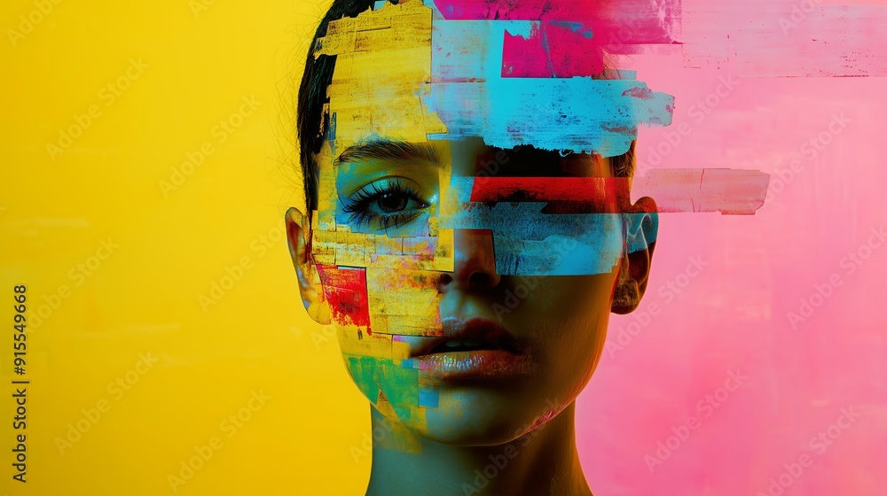 Poster abstract portrait of a woman with colorful paint patterns in a vibrant studio setting