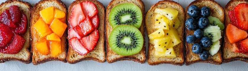 Colorful fruit toast assortment featuring vibrant toppings on slices of bread, perfect for breakfast or snack ideas.