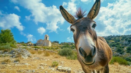 A donkey stands on a dry grass-covered field, ready for grazing or other activities