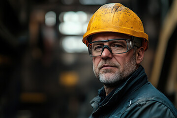Middle-aged steel plant professional in safety glasses and a yellow helmet, with a blurred industrial backdrop. Showcases a focus on safety and manufacturing expertise.