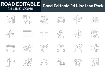 Collection of 24 road editable line icons. These design elements are suitable for your projects and are provided as vector illustrations."