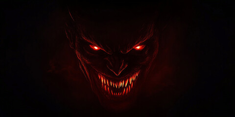 A red demon face glowing in the dark, laughing maniacally