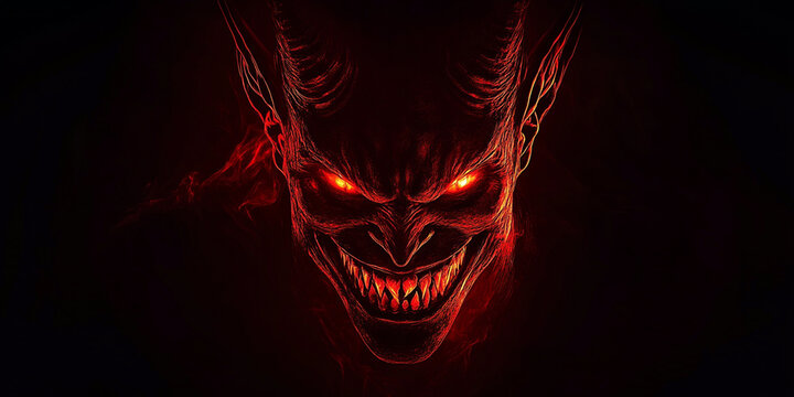A red demon face glowing in the dark, laughing maniacally