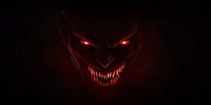 A red demon face glowing in the dark, laughing maniacally
