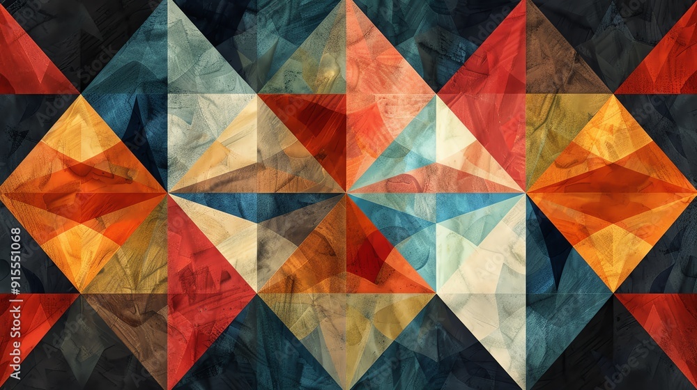 Poster abstract geometric pattern with colorful triangles in a symmetrical design.