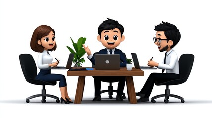 Obraz premium 3D cartoon business people having a meeting around a table.