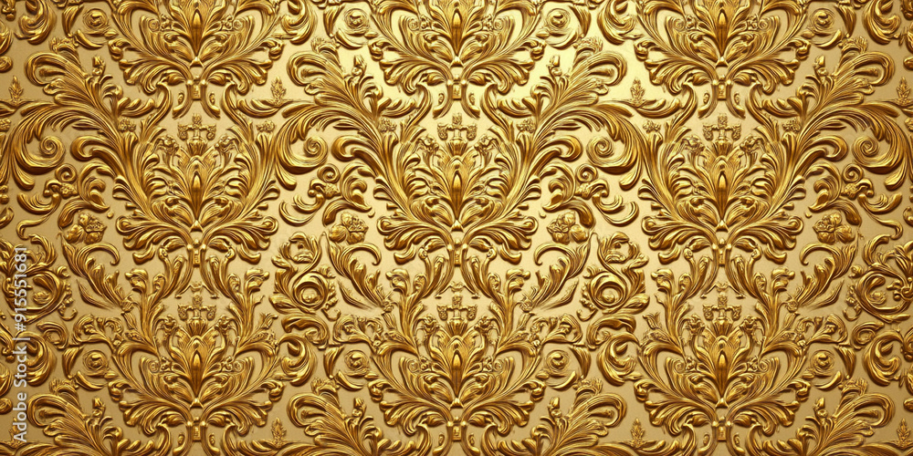 Poster a golden pattern with intricate designs and floral motifs, suitable for use as an elegant background