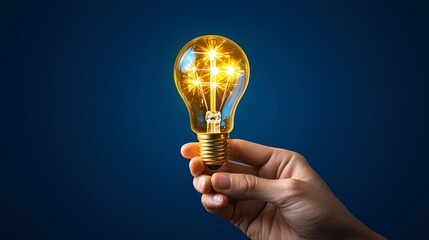 Hand holding a glowing light bulb with a burst of light inside, symbolizing creativity, innovation, and inspiration.