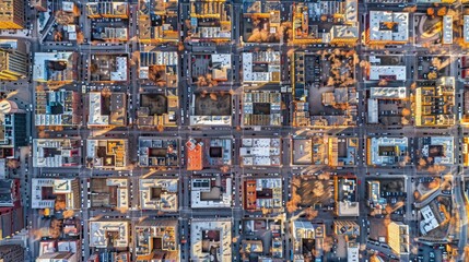 Fototapeta premium Aerial view of city blocks with buildings and streets.