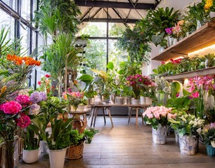 Modern and well-organized flower shop interior brimming with a diverse array of colorful flowers