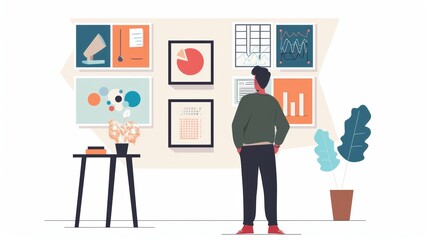 Man Analyzing Business Charts and Graphs on Wall