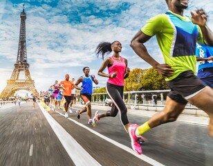 Obraz premium Motion blur of athletes as they run past the Eiffel Tower in Paris, France during a sports race