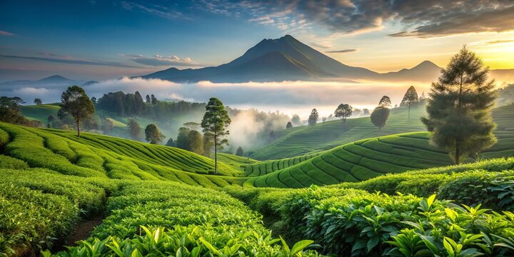 Serene green tea tree field in Wonosobo, Indonesia, with lush plants, morning mist, and a mountainous backdrop, highlighting fresh young tender tea buds.