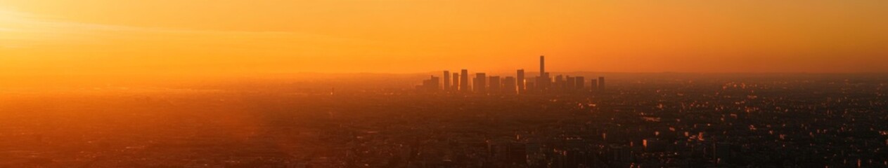 Obraz premium Aerial View of a City Skyline Enveloped in Warm Orange Glow at Sunset, Capturing the Drama and Ethereal Beauty of Urban Landscapes