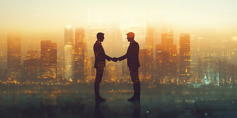 Businessmen shaking hands in silhouette against a cityscape background, representing trust and collaboration during business deals