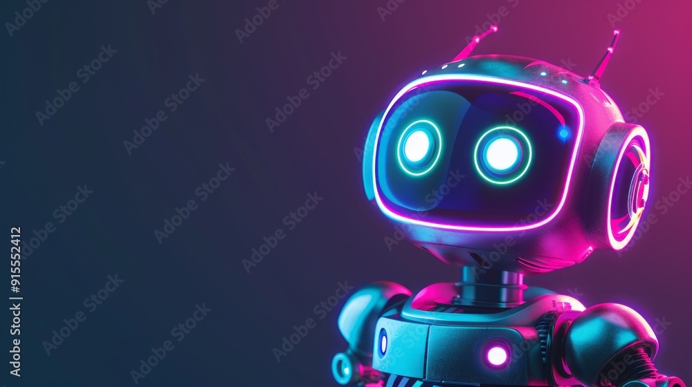 Poster A robot with glowing eyes stands in front of a purple background