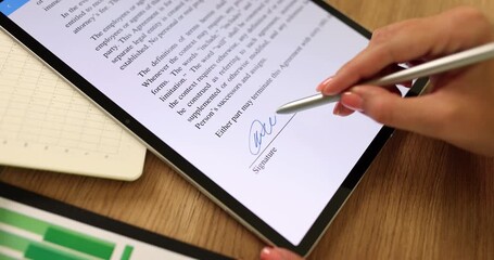 Businesswoman putting electronic signature on digital tablet on document closeup 4k movie slow motion. Signing business contracts concept