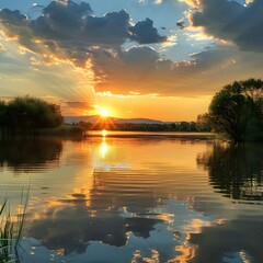 A stunning sunset over a calm lake, with the sky painted in shades of orange, pink, and purple, reflecting on the water’s surface.