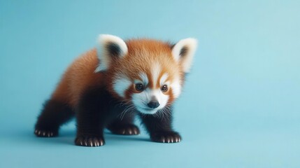 Obraz premium Red panda cub playing with a blue background, isolated, delightful wildlife