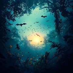Fototapeta premium A mystical forest at sunset, filled with flying bats and silhouetted trees, creating an enchanting atmosphere of nature's beauty.