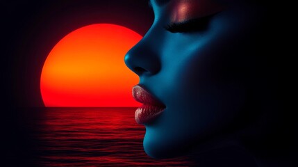 Silhouette of a woman's face against a dramatic sunset with deep red tones over the ocean. Captures a serene and contemplative moment by the water.