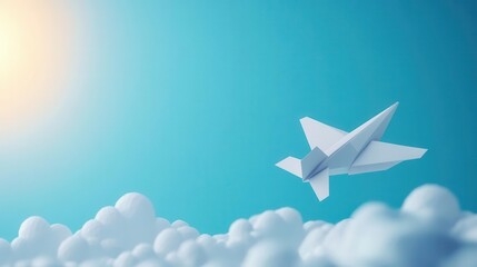 Fototapeta premium Origami airplane soaring through the sky, paper art, aviation concept