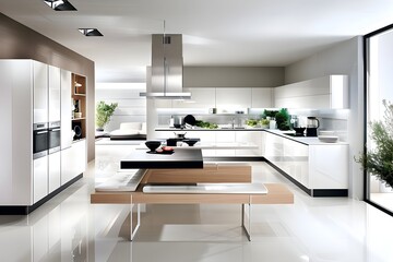 Modern Kitchen Interior Design with White Cabinets and Wooden Island.