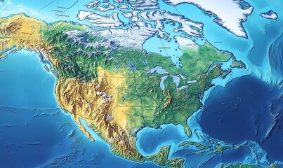 Detailed Physical Map of North America with 3D Topography