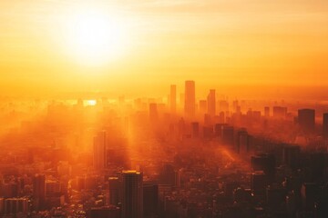 Aerial View of a City Skyline Enveloped in Warm Orange Glow at Sunset, Capturing the Drama and Ethereal Beauty of Urban Landscapes