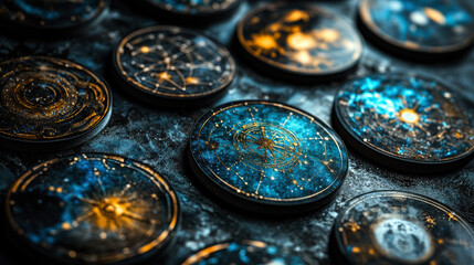 A collection of round, colorful, and glittery coins with various designs, including stars and planets