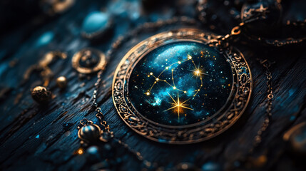 A necklace with a blue and gold pendant that has a star and a planet on it. The necklace is on a wooden surface