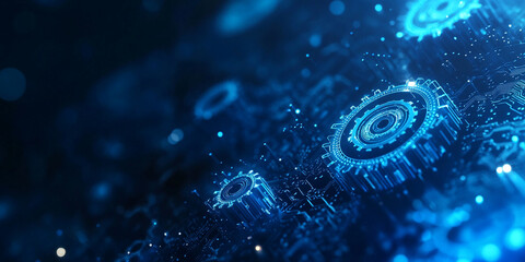 Blue background with gears, an abstract futuristic technology concep