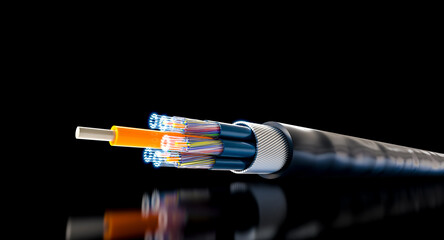 Fiber optic cable transmitting data on black background