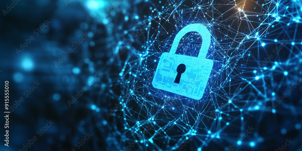 Poster a background with a digital padlock symbol and network connections, representing a security concept