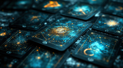 A deck of tarot cards with a blue background. The cards are arranged in a grid and each card has a different symbol