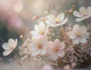  A serene display of delicate flowers bathed in soft pastel colors,  A quaint flower shop adorned with an abundance of colorful flowers on display