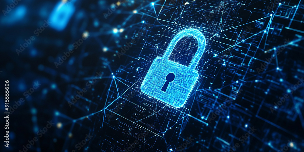 Poster a security lock icon on a blue digital background with network connections, symbolizing data protect