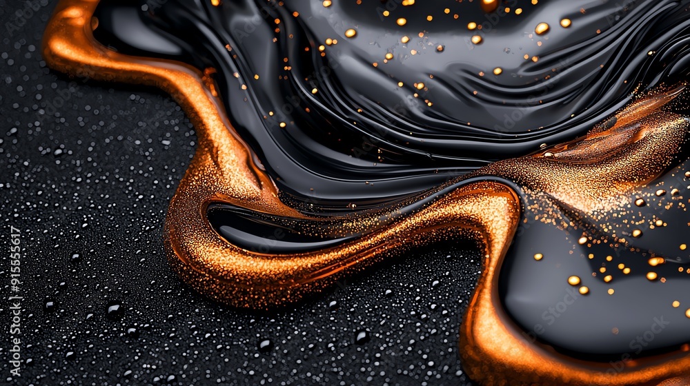 Poster abstract black and gold background with flowing lines and shiny spheres.