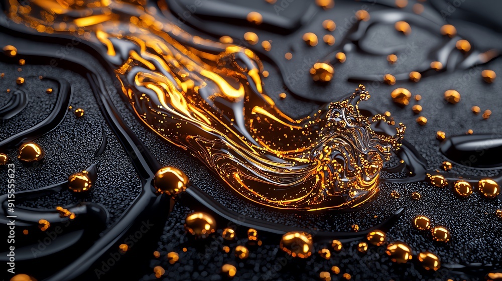 Poster abstract black and gold background with flowing lines and shiny spheres.