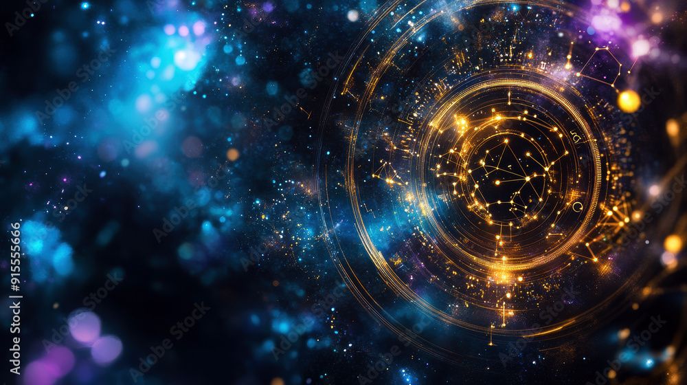 Aufkleber a colorful, swirling galaxy with a large, golden circle in the center. the circle is surrounded by a