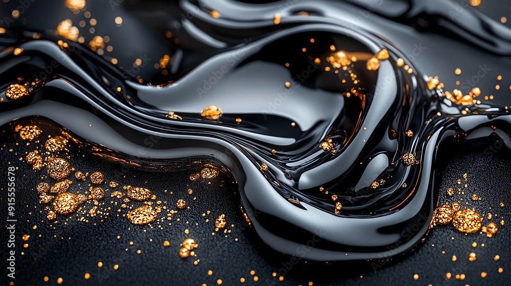 Poster abstract black and gold background with flowing lines and shiny spheres.