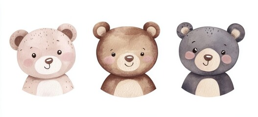 Naklejka premium White background with cute five bear heads watercolour illustration.