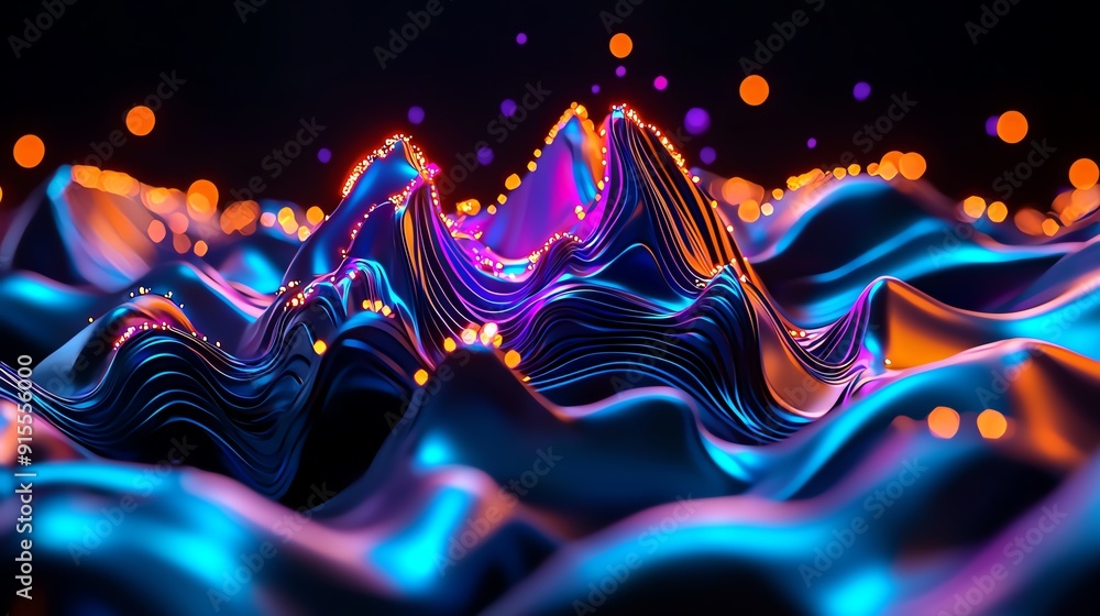 Poster abstract colorful glowing waves and orbs on a dark background.
