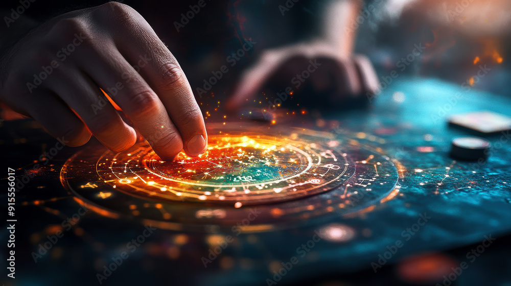 Poster a hand is drawing a circle on a table with a lot of sparkles. the circle is surrounded by a lot of f