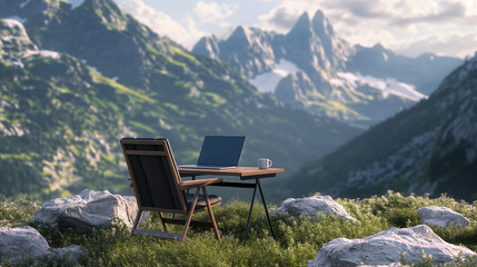 Office workplace in the mountais. Laptop on a table next to a chair standing outdoor with mountain view. Distance work and freelance theme.