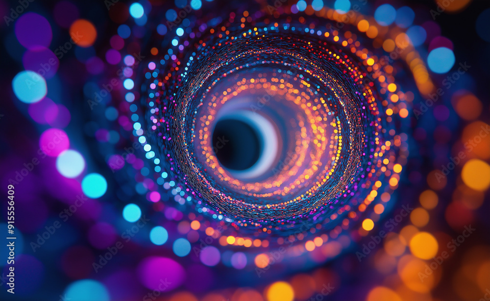 Poster abstract vortex of vibrant, glowing dots in swirling motion, creating a sense of depth and energy.