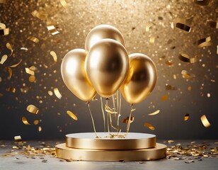 Podium birthday balloon gift gold background product festive golden stand platform winner