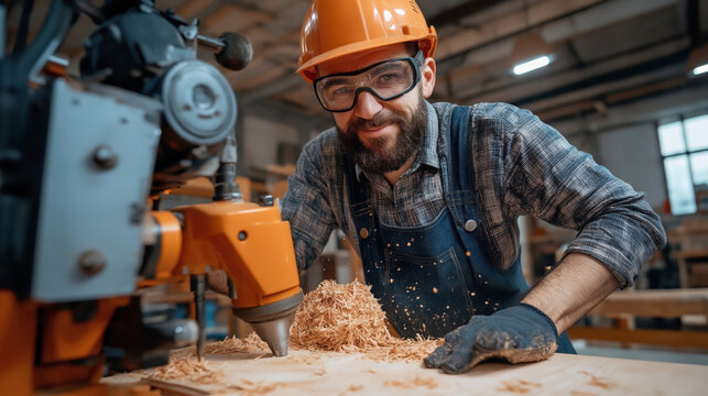 A carpenter wearing a hard hat and protective goggles operating a woodworking machine in a workshop, generating wood shavings.