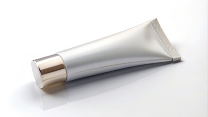 Sleek modern tube of luxurious moisturizing cream lies diagonally on a clean white background, showcasing a blank label awaiting custom branding for a high-end skincare product.